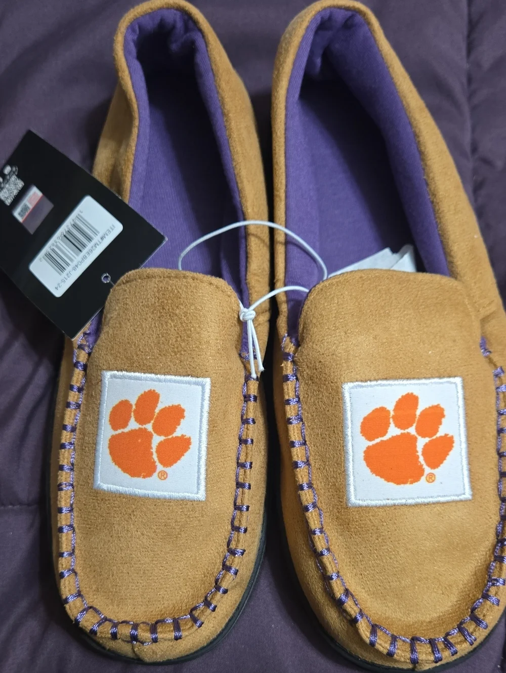 Zoozatz Men's Clemson Tan Slip-On Moccasin with Purple Lining Size 9/10 New